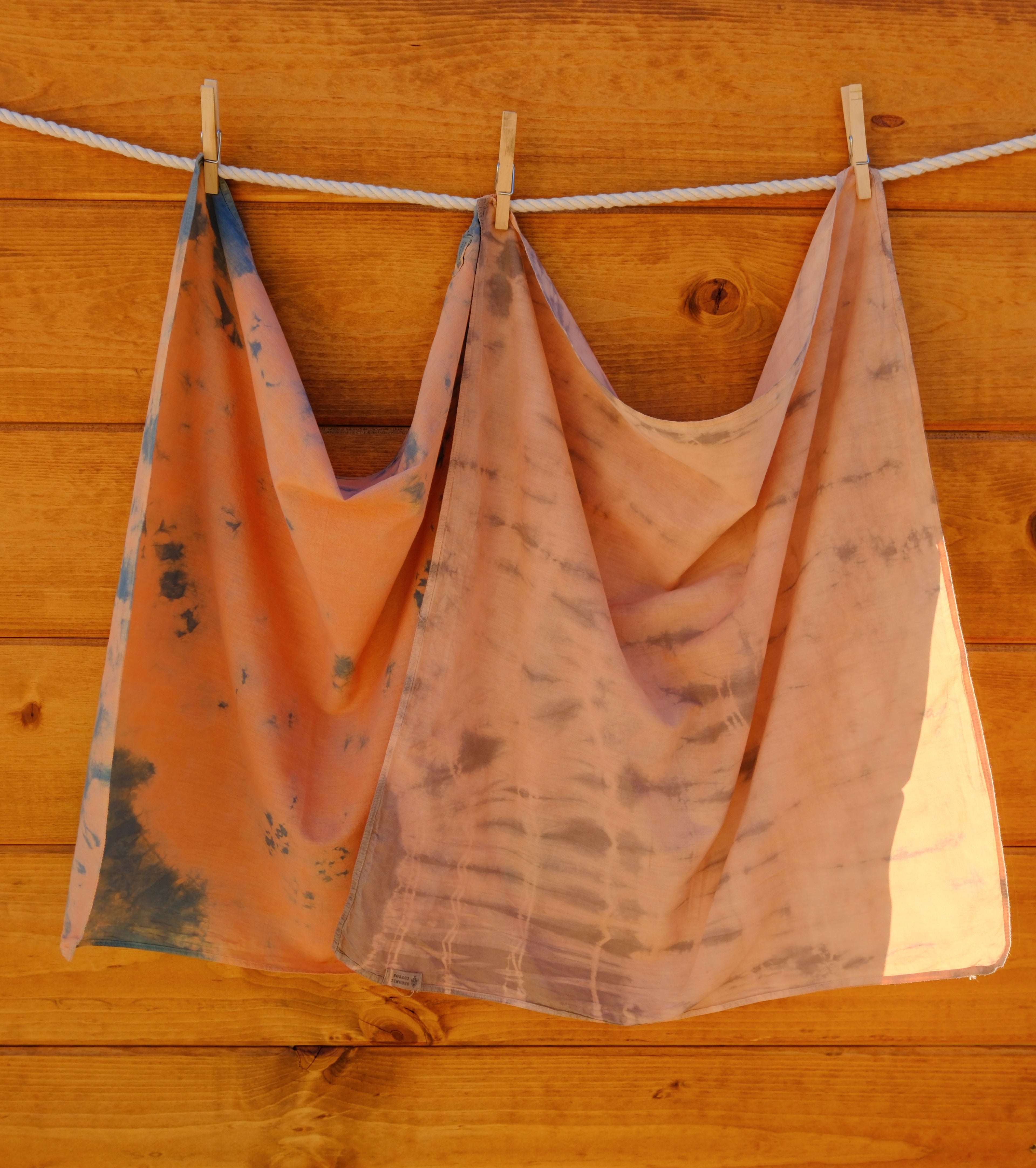Two bandanas hanging on a clothesline against a wooden wall.