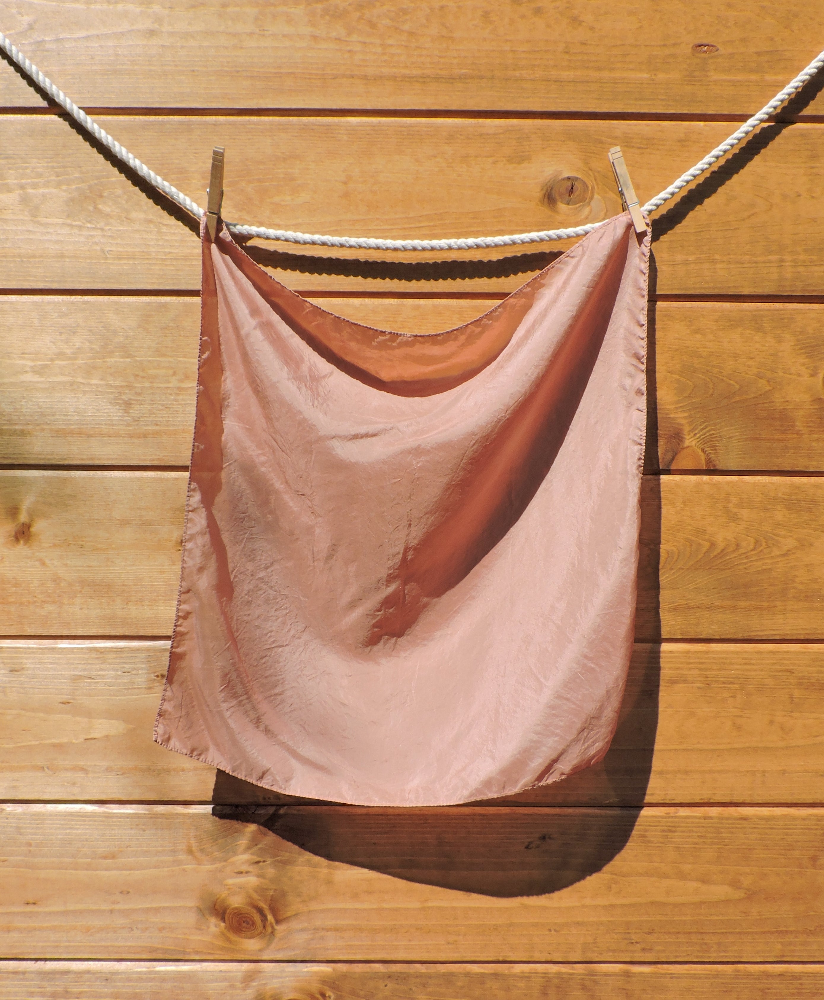 silk scarf hanging on a clothesline against a wooden wall