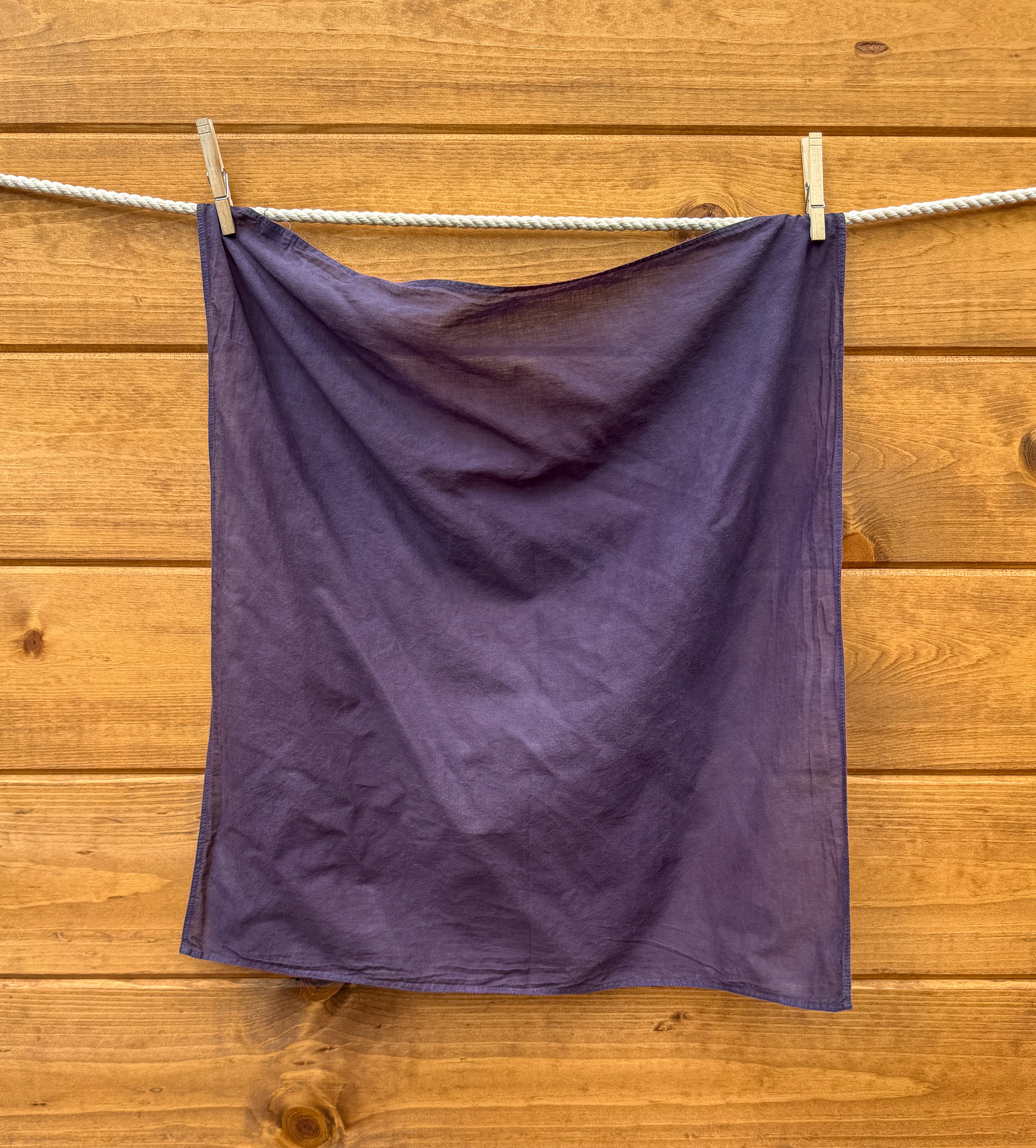 Purple bandana hanging on a clothesline against a wooden wall