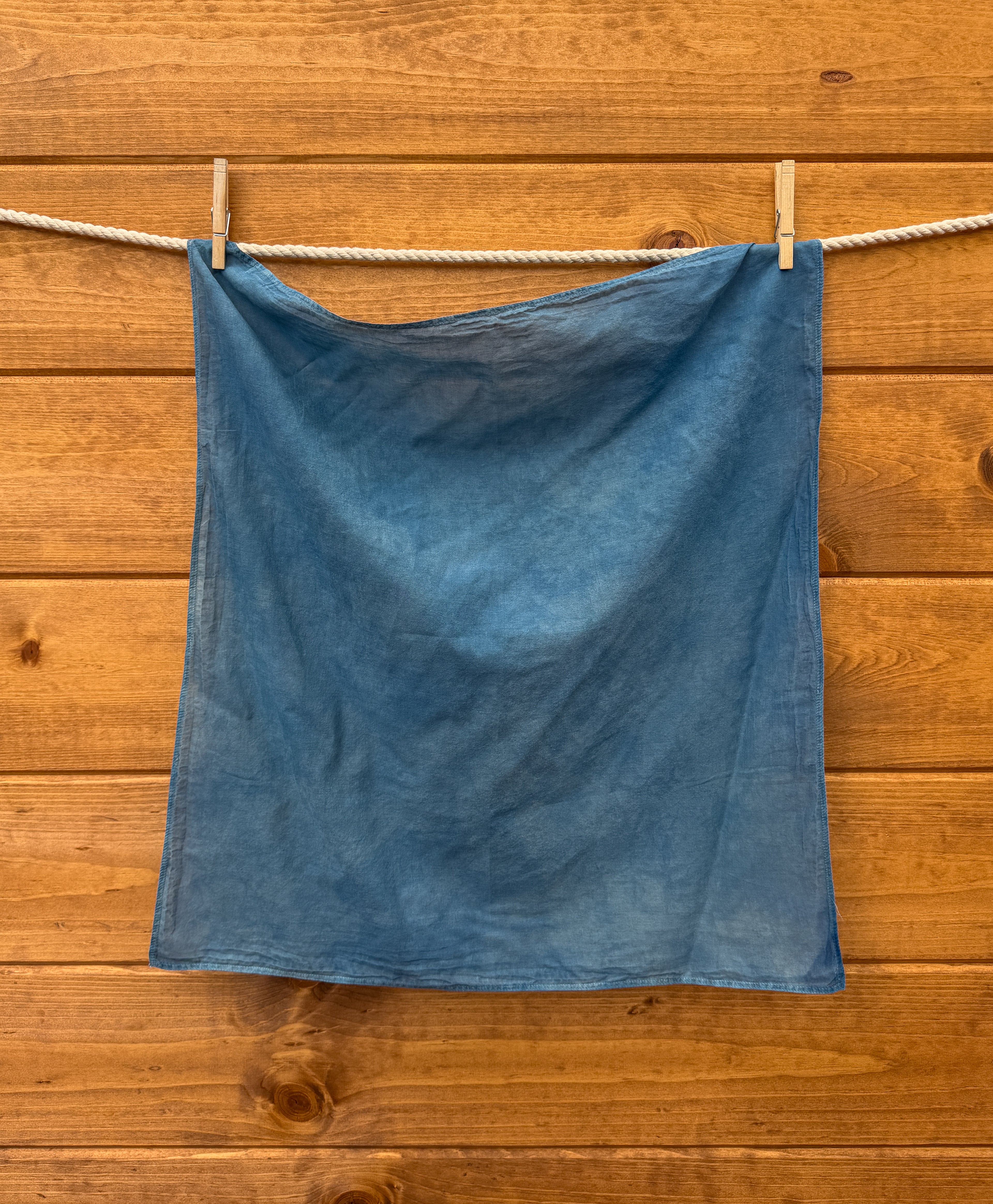 blue bandana hanging on a clothesline against a wooden wall
