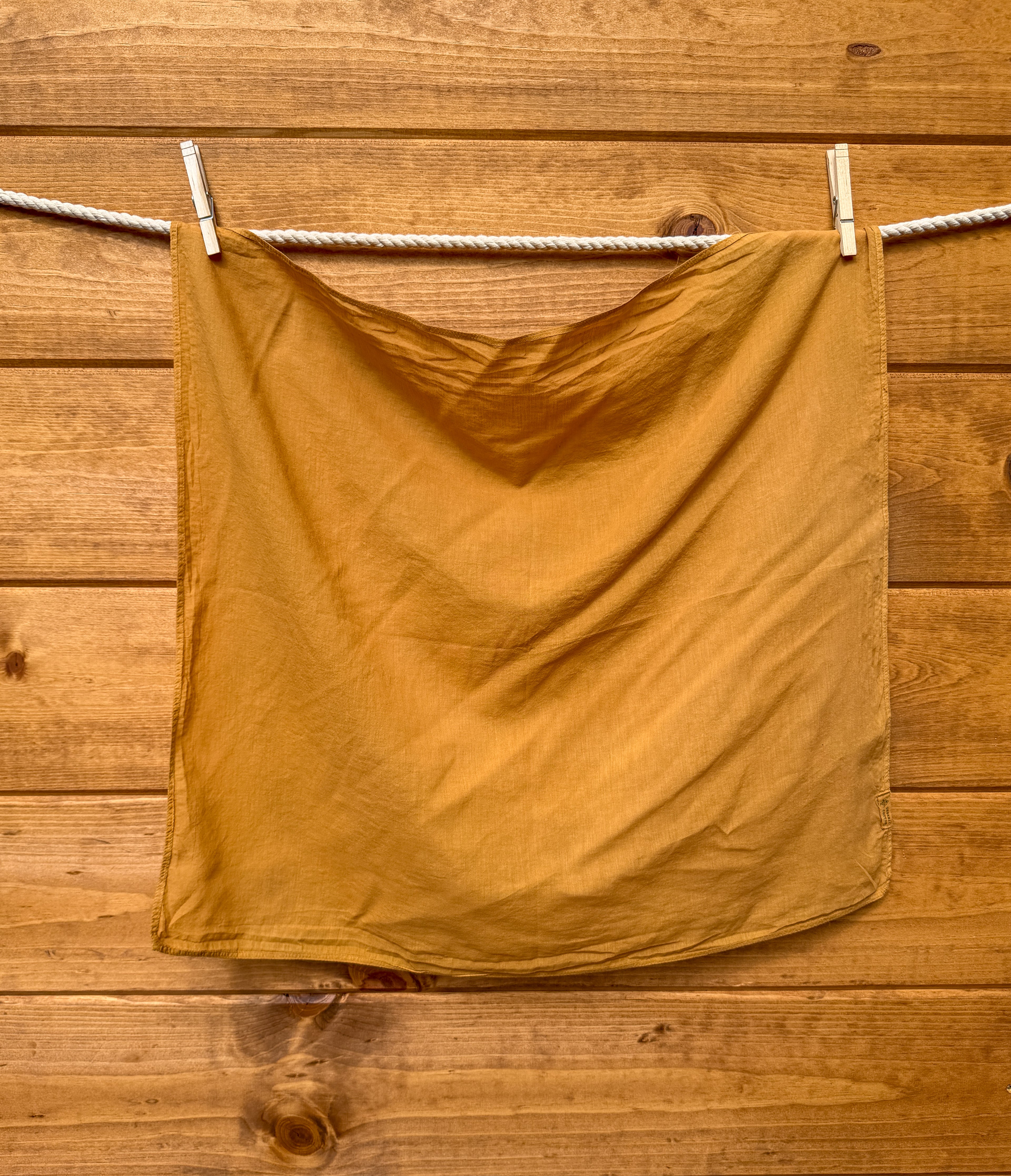 pumpkin colored bandana hanging on a clothesline against a wooden wall.