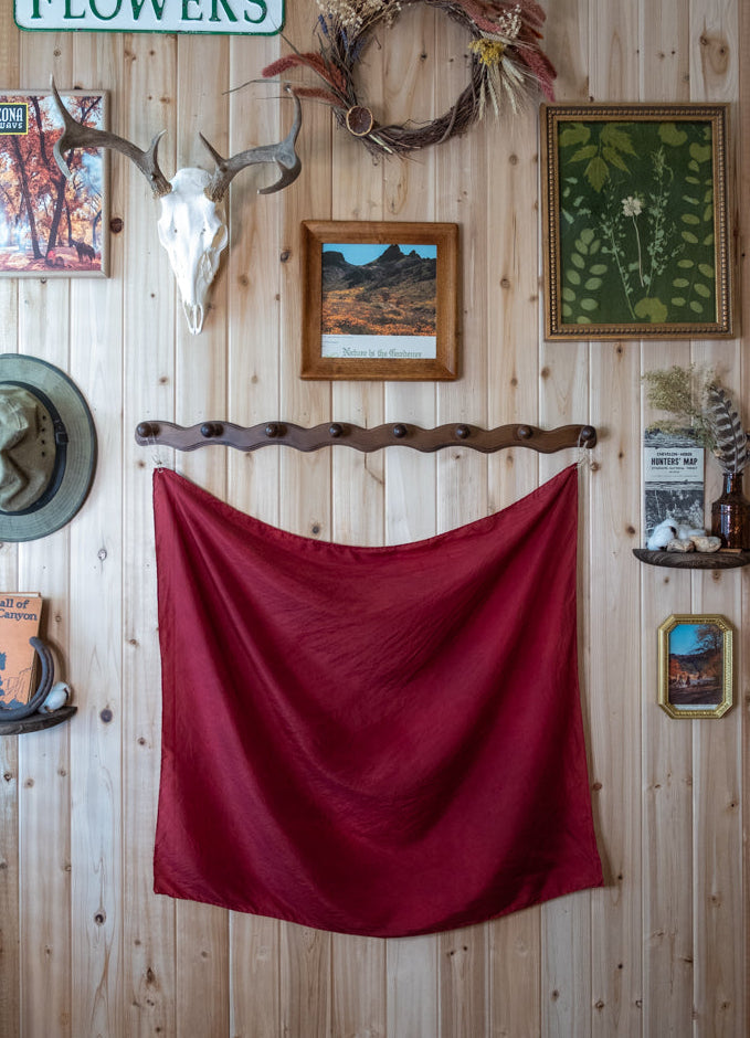 large red silk bandana hanging against a wooden wall